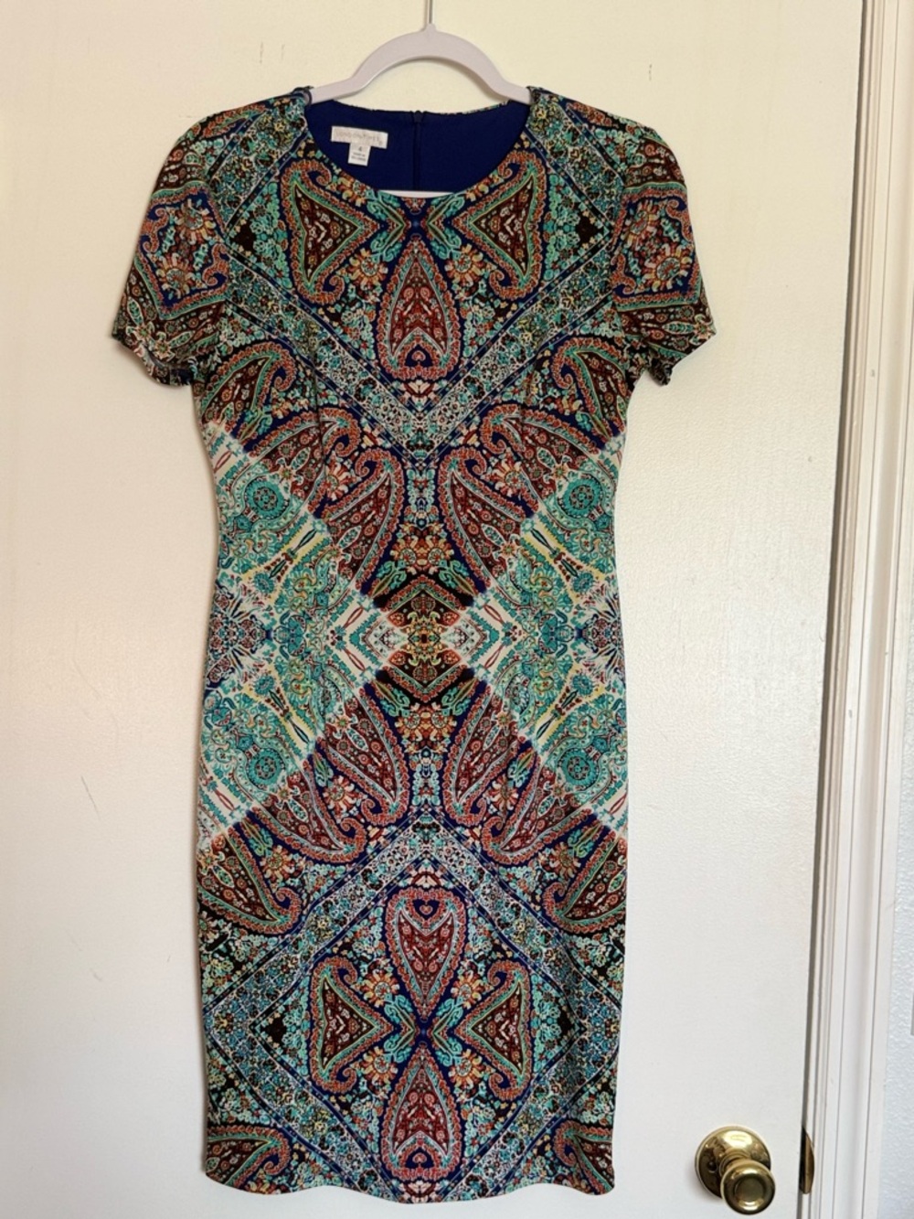 London Times Vibrant Blue & Red Paisley Mosaic Sheath Dress — Size 4